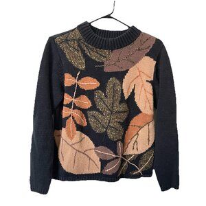 Vintage Moonlight Bay Sweater Womens M Fall Autumnal Novelty Black Granny Leaf